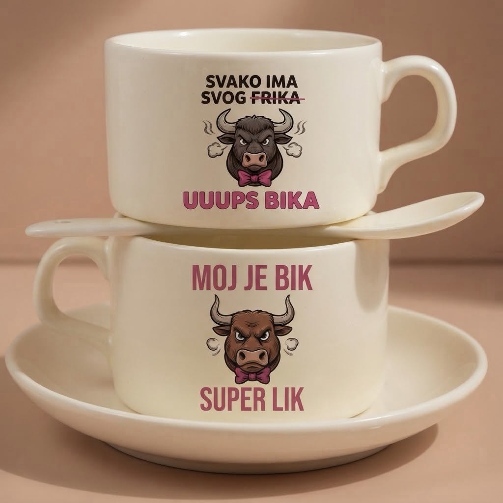 Dve bež šolje sa crtežom bika, natpisi o znaku Bik
